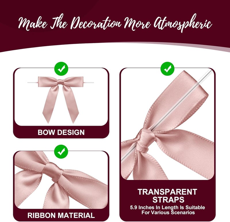 Sokfone Satin Ribbon Rose Pink Bow Decor 2.5" Premade Rose Pink Twist Tie Bows for Gift Wrapping Bow for Treat Bags Party Favors Wedding Decorations - 50 Counts - Image 4
